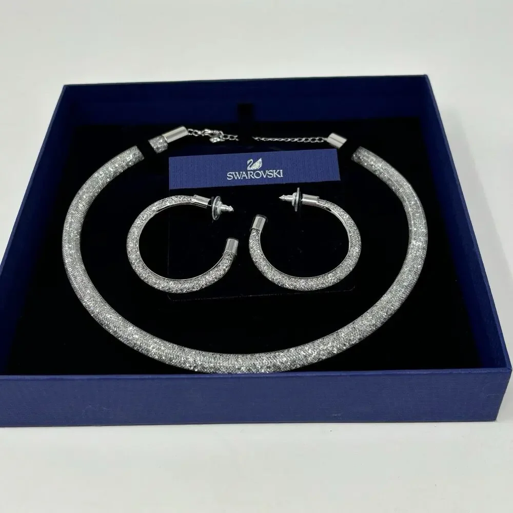 Swarovski Stardust Deluxe Clear Crystal Fishnet Tube Necklace With Earrings - Picture 6 of 6